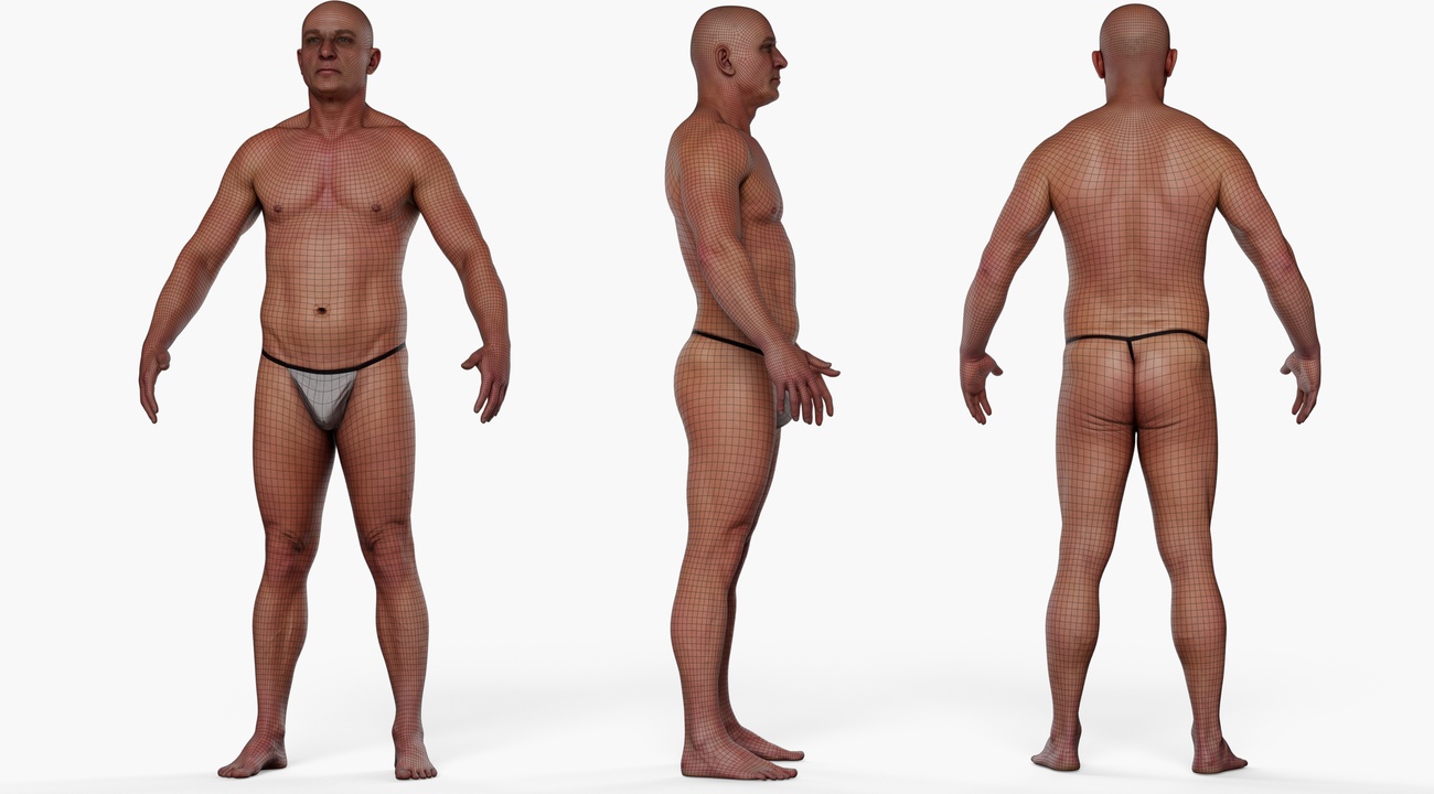 Wireframe topology overlay of a stocky male 3D body scan showing clean quad mesh edge loops across the full figure